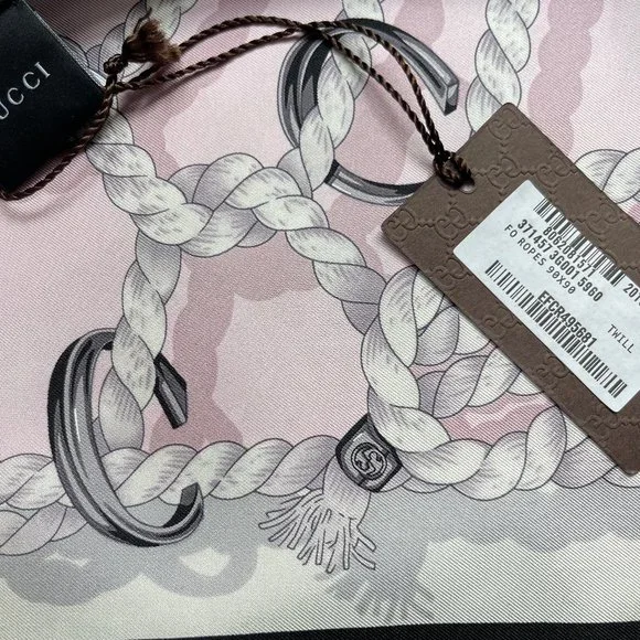 New Gucci Silk Scarf Pink Ropes Print Black Border Silk Wrap Scarf - Picture 13 of 15